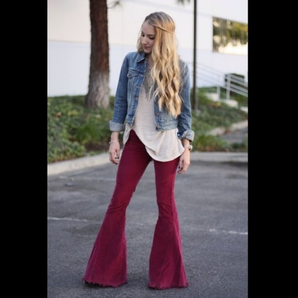 Free People Cords Super Flare Bellbottom Jeans Mulberry Corduroy Pants - Picture 3 of 13